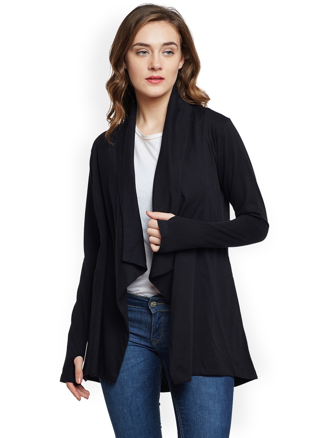 

Hypernation Women Black Solid Open Front Shrug