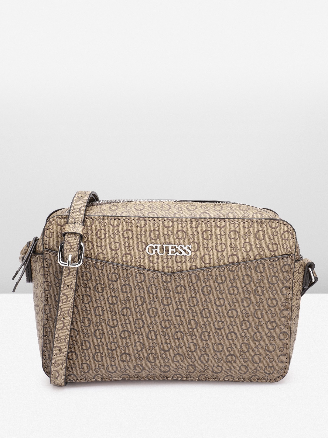 

GUESS Brand Logo Printed Structured Sling Bag, Brown