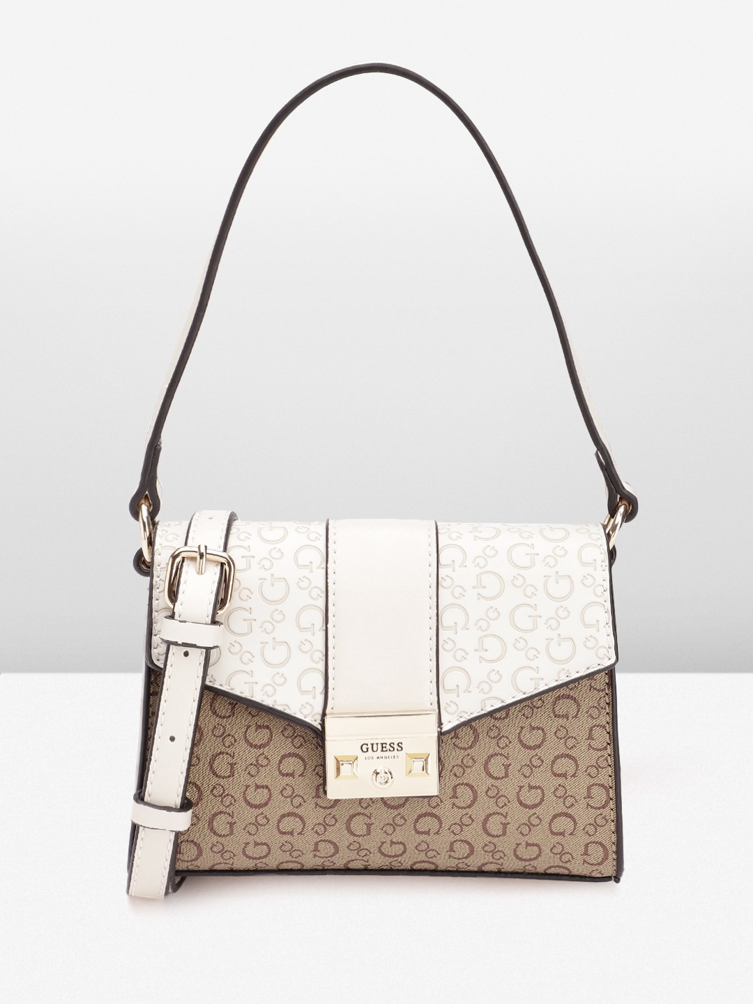 

GUESS Brand Logo Textured Structured Shoulder Bag, Off white