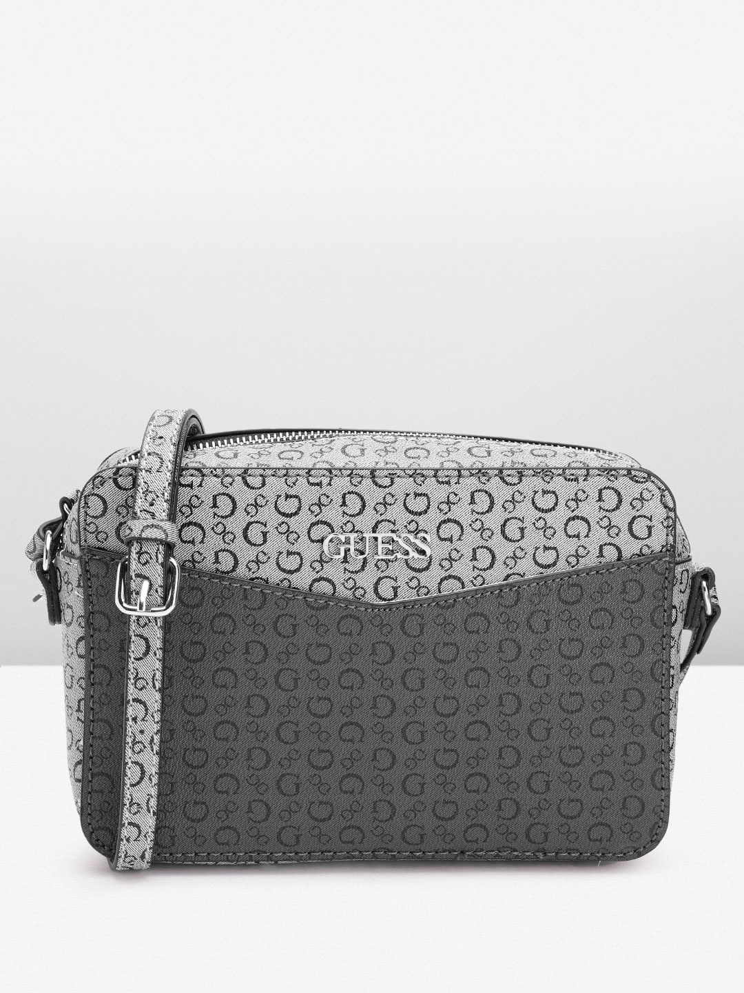 

GUESS Women Brand Logo Printed Structured Sling Bag, Grey