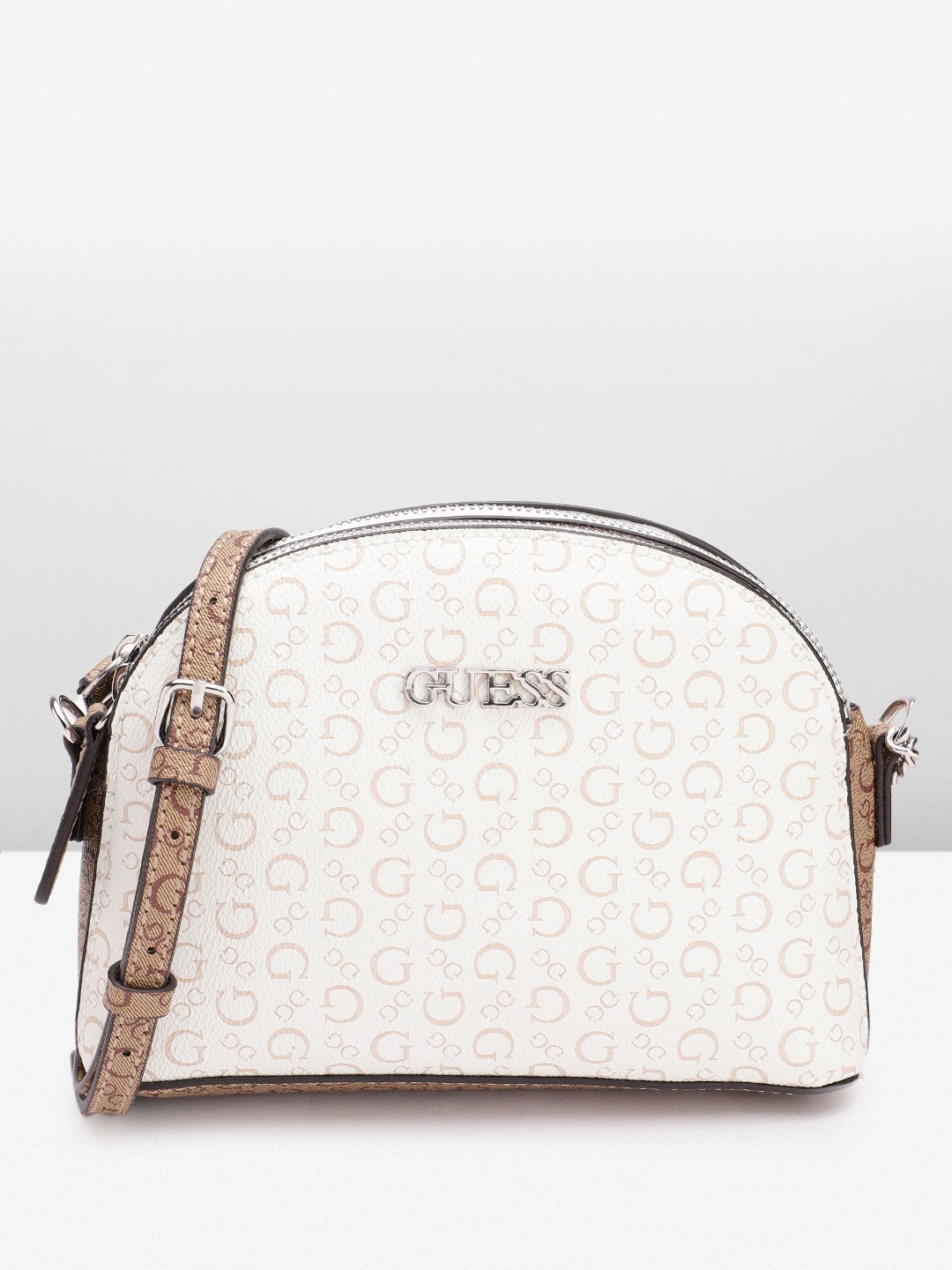 

GUESS Women Brand Logo Printed Structured Sling Bag, White