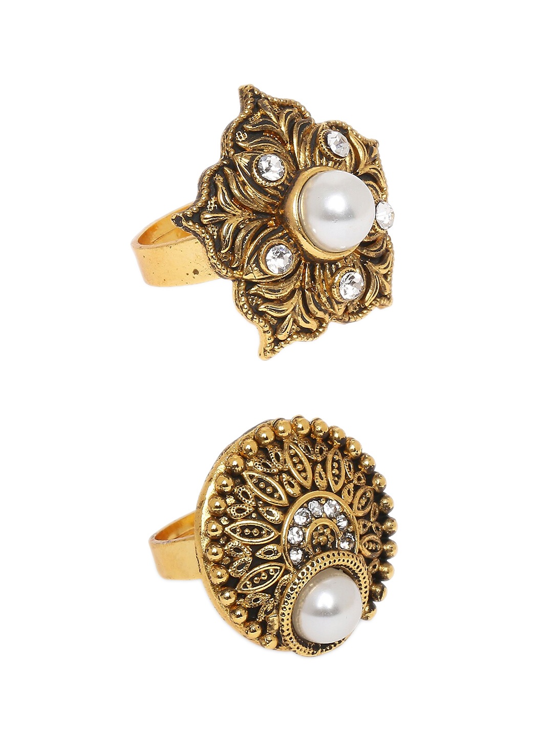 

OOMPH 2Pcs Gold-Plated Stone-Studded & Pearl Beaded Adjustable Finger Rings