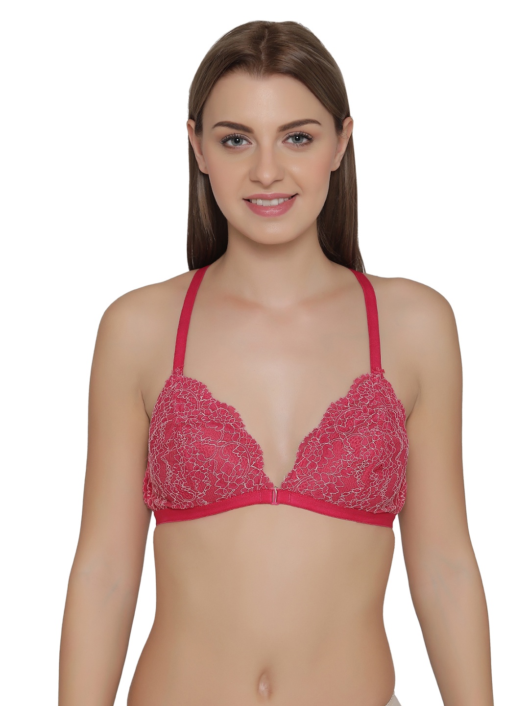

Clovia Lace Non-Padded Non-Wired Front Open Plunge Bralette, Pink