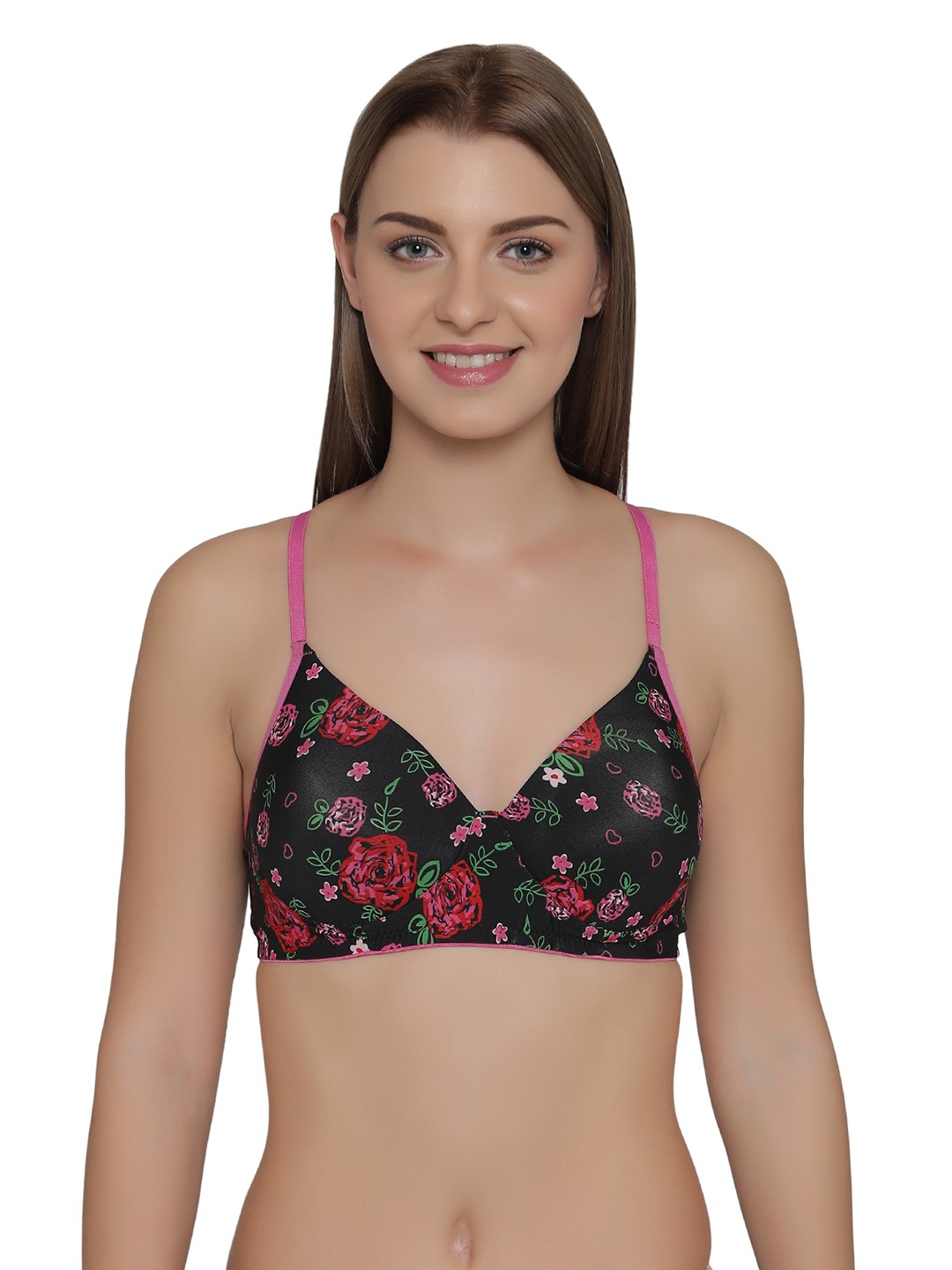 

Clovia Padded Non-Wired Floral Print Racerback T-Shirt Bra, Black