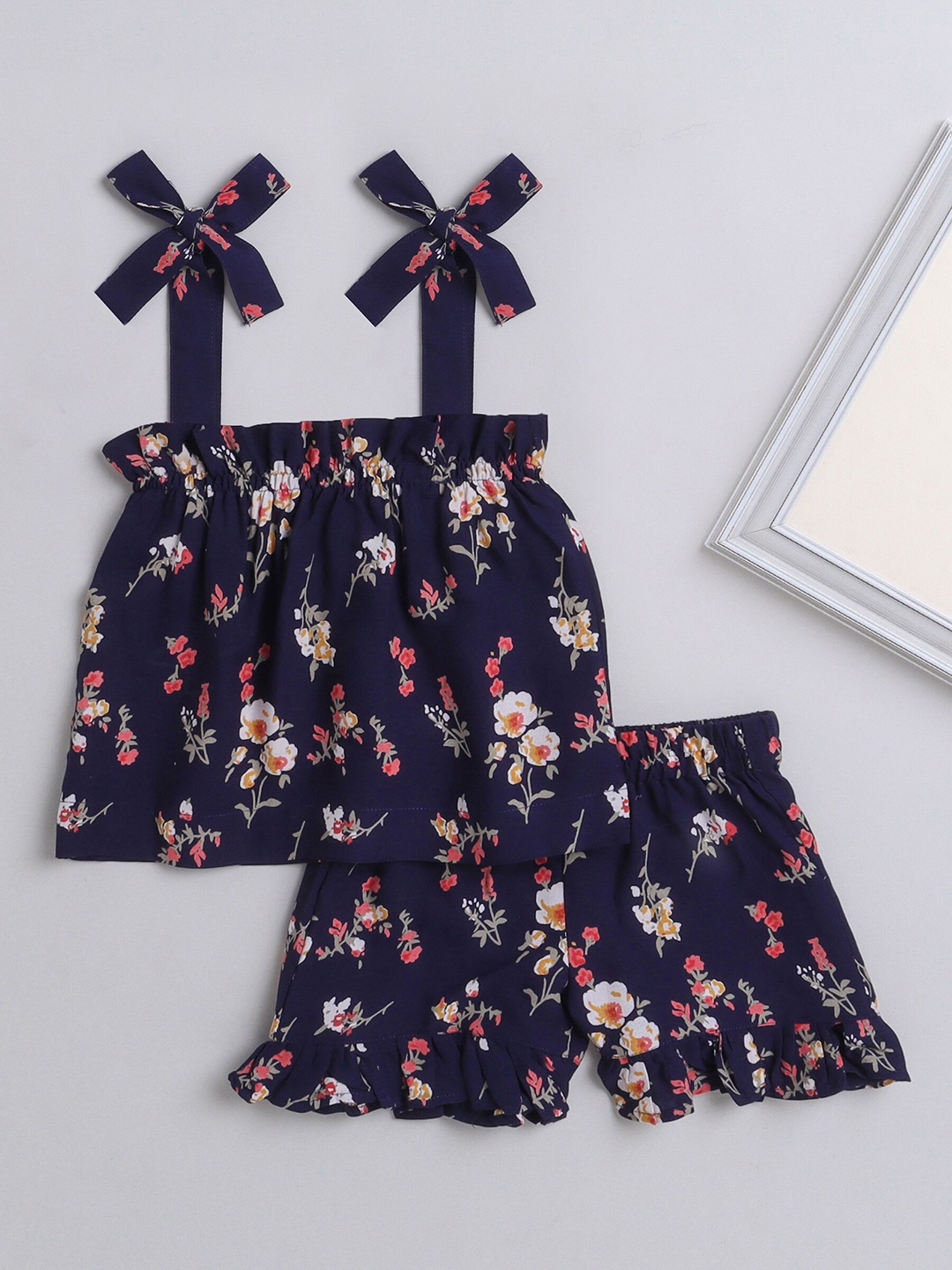 

The Magic Wand Girls Floral Printed Top with Shorts, Navy blue