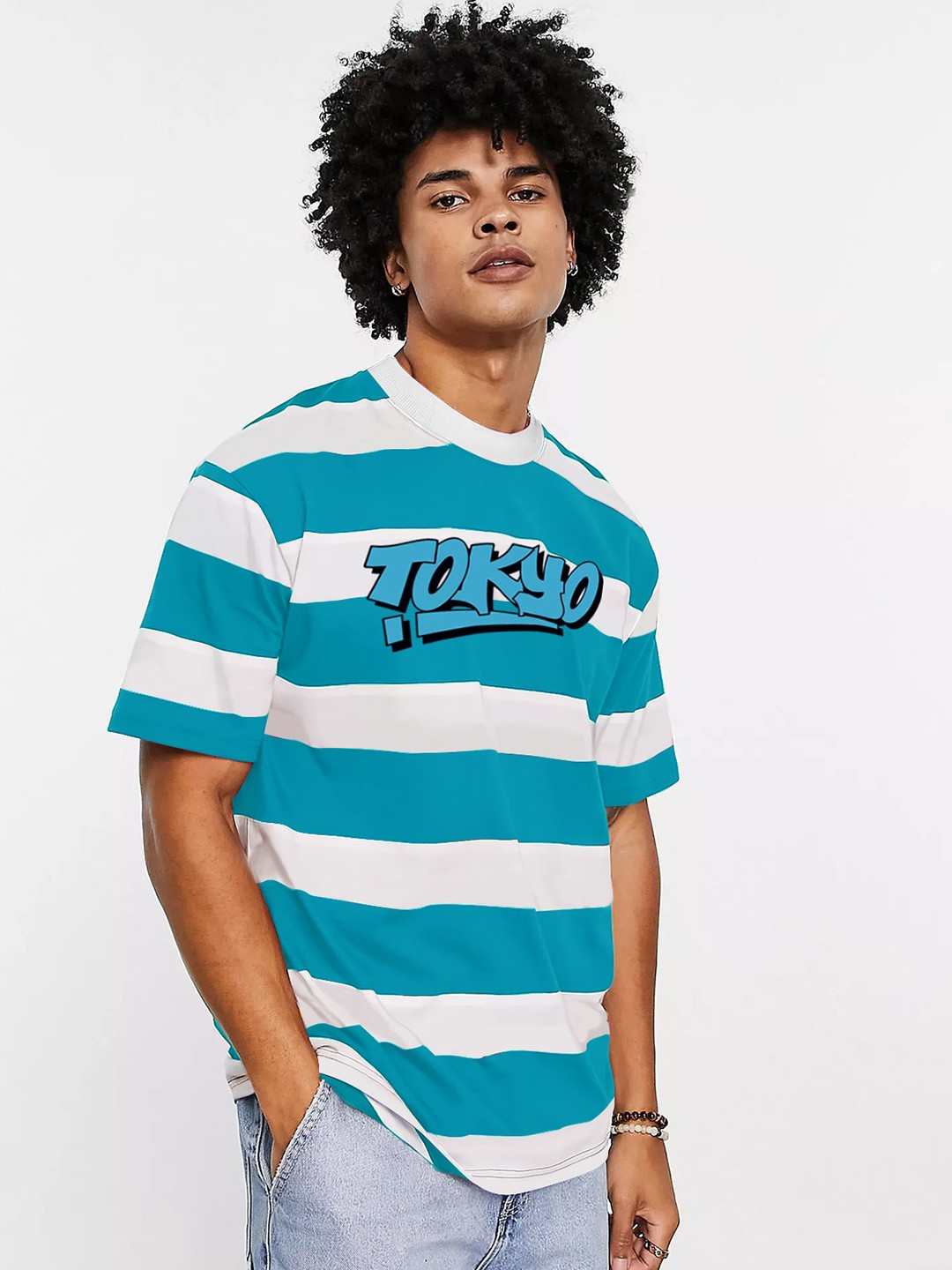 

JUMPCUTS Striped Drop Shouder Cotton T-shirt, White