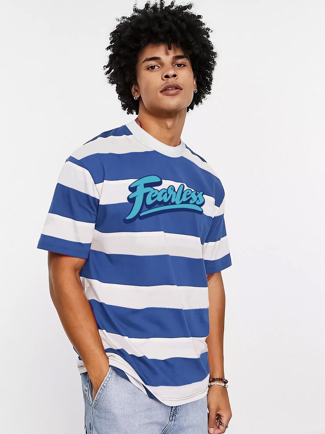 

JUMPCUTS Striped Drop Shouder Cotton T-shirt, Blue