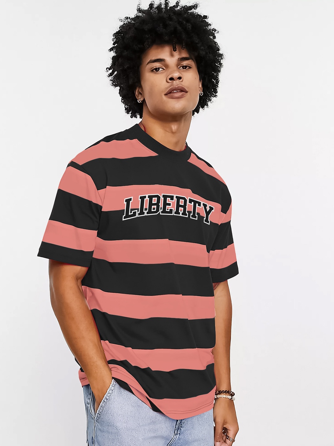 

JUMPCUTS Striped Drop Shouder Cotton T-shirt, Coral