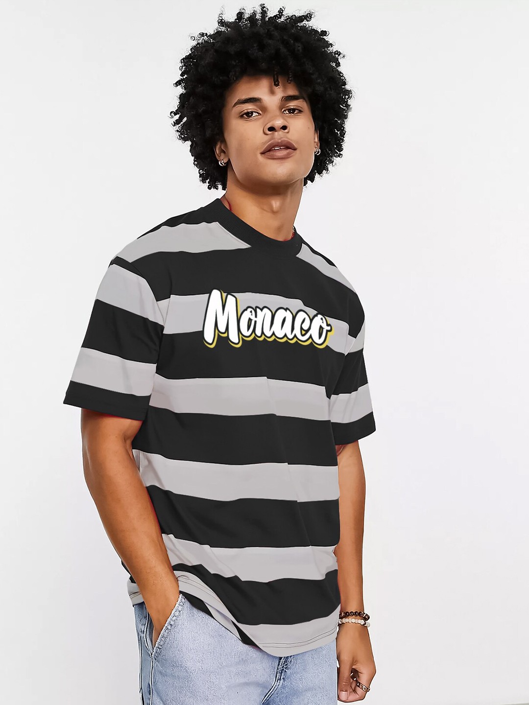 

JUMPCUTS Striped Drop Shoulder Sleeves Cotton Boxy T-shirt, Grey