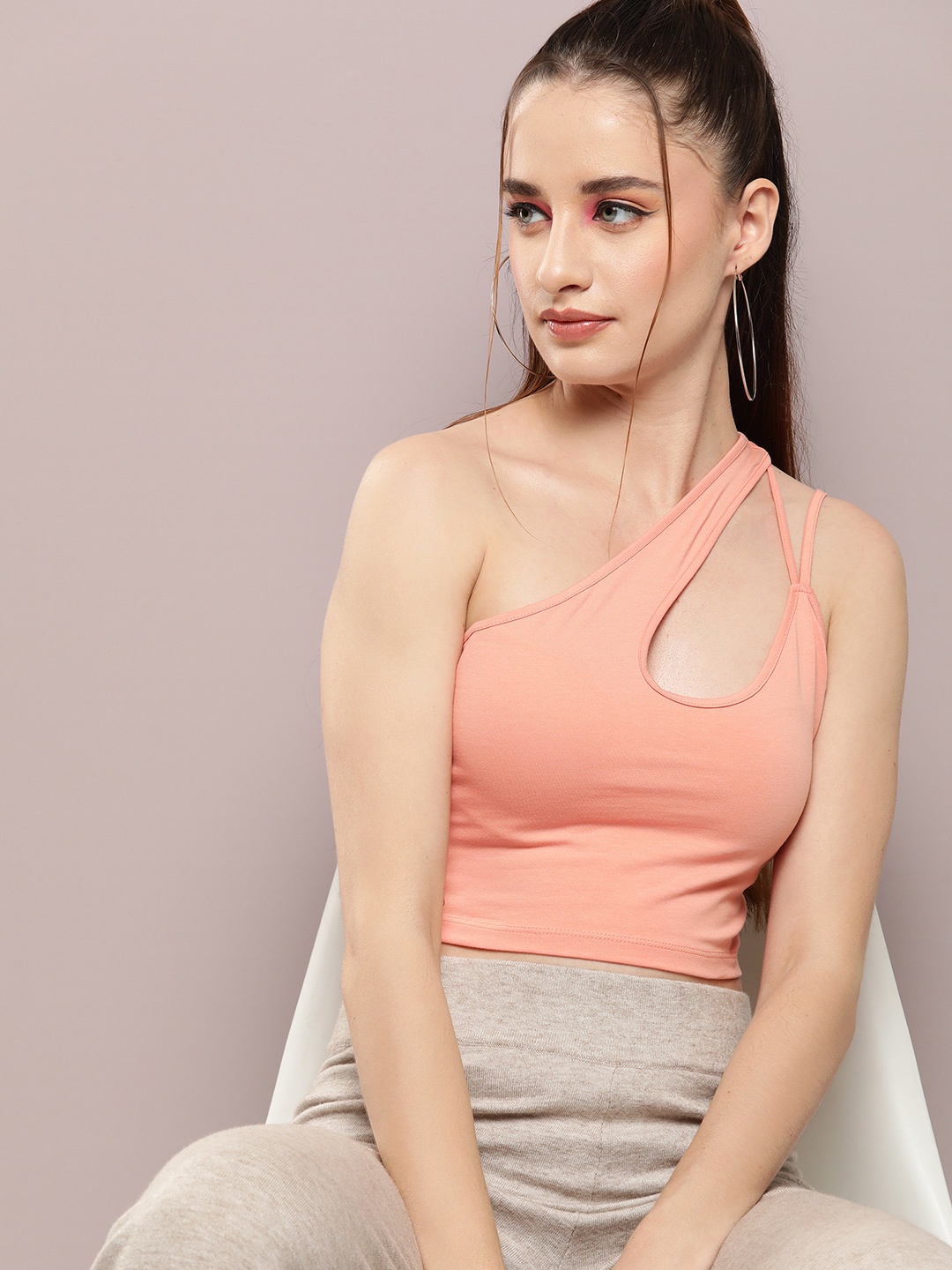 

Kook N Keech One Shoulder Cut-Out Fitted Crop Top, Peach