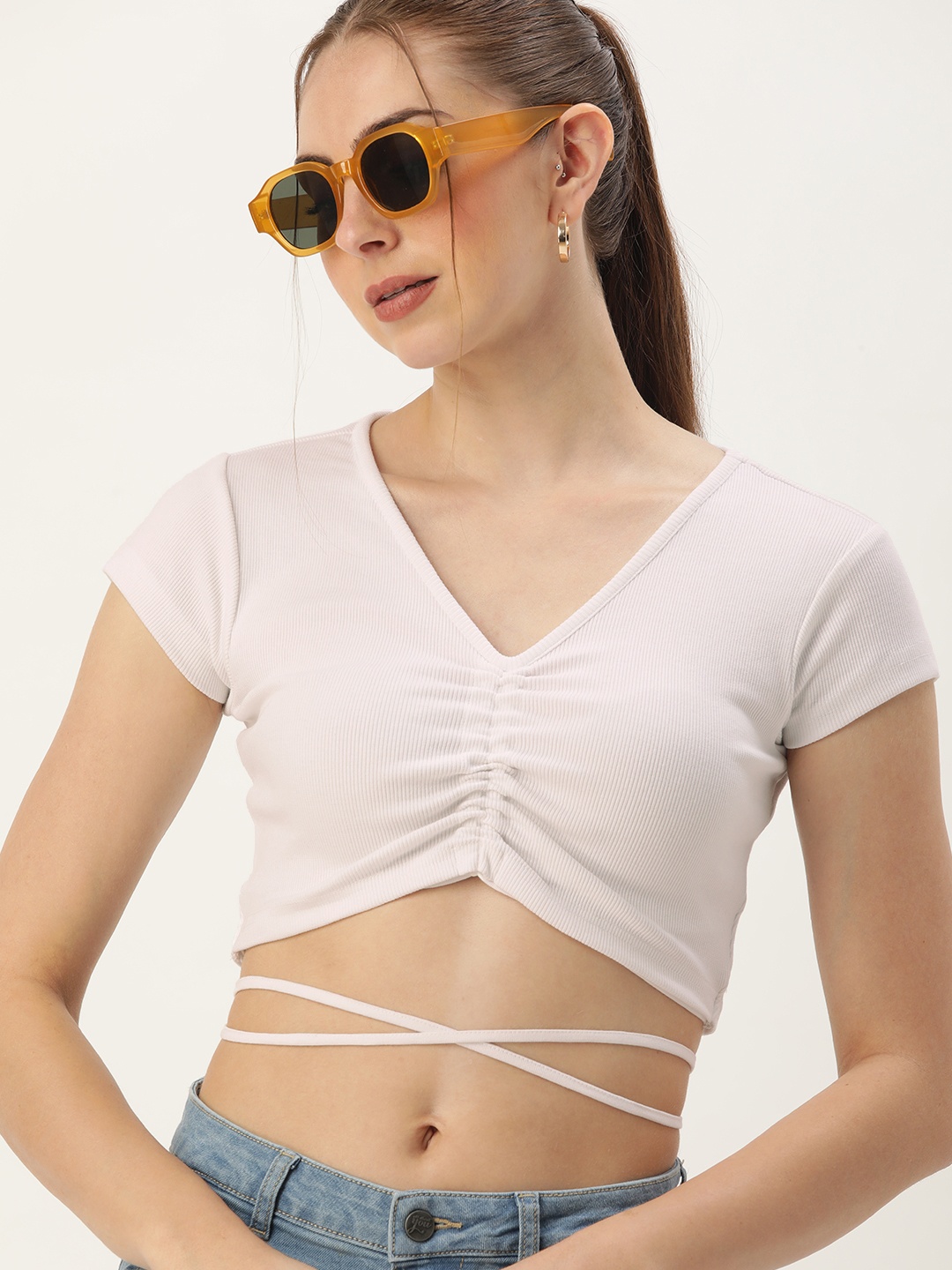 

Kook N Keech V-Neck Solid Gathers Detail With Waist Tie-Up Ribbed Crop Top, White