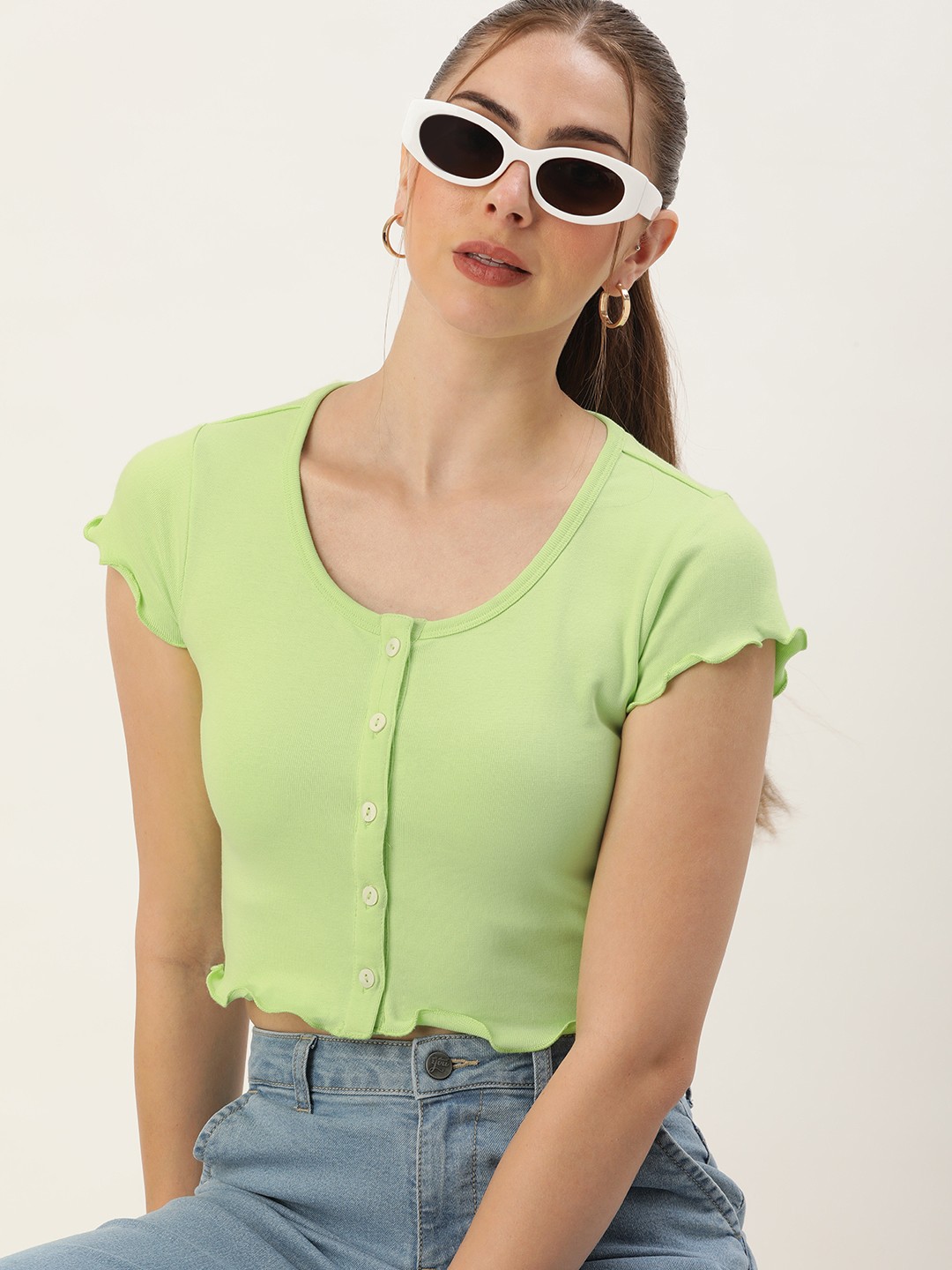 

Kook N Keech Solid Short Sleeves Ribbed Crop Top, Green