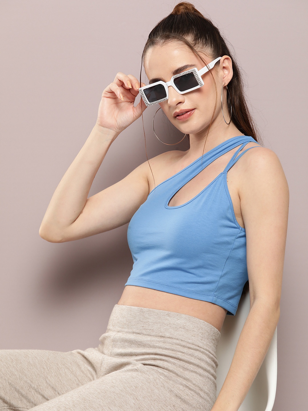 

Kook N Keech One Shoulder Cut-Out Fitted Crop Top, Blue