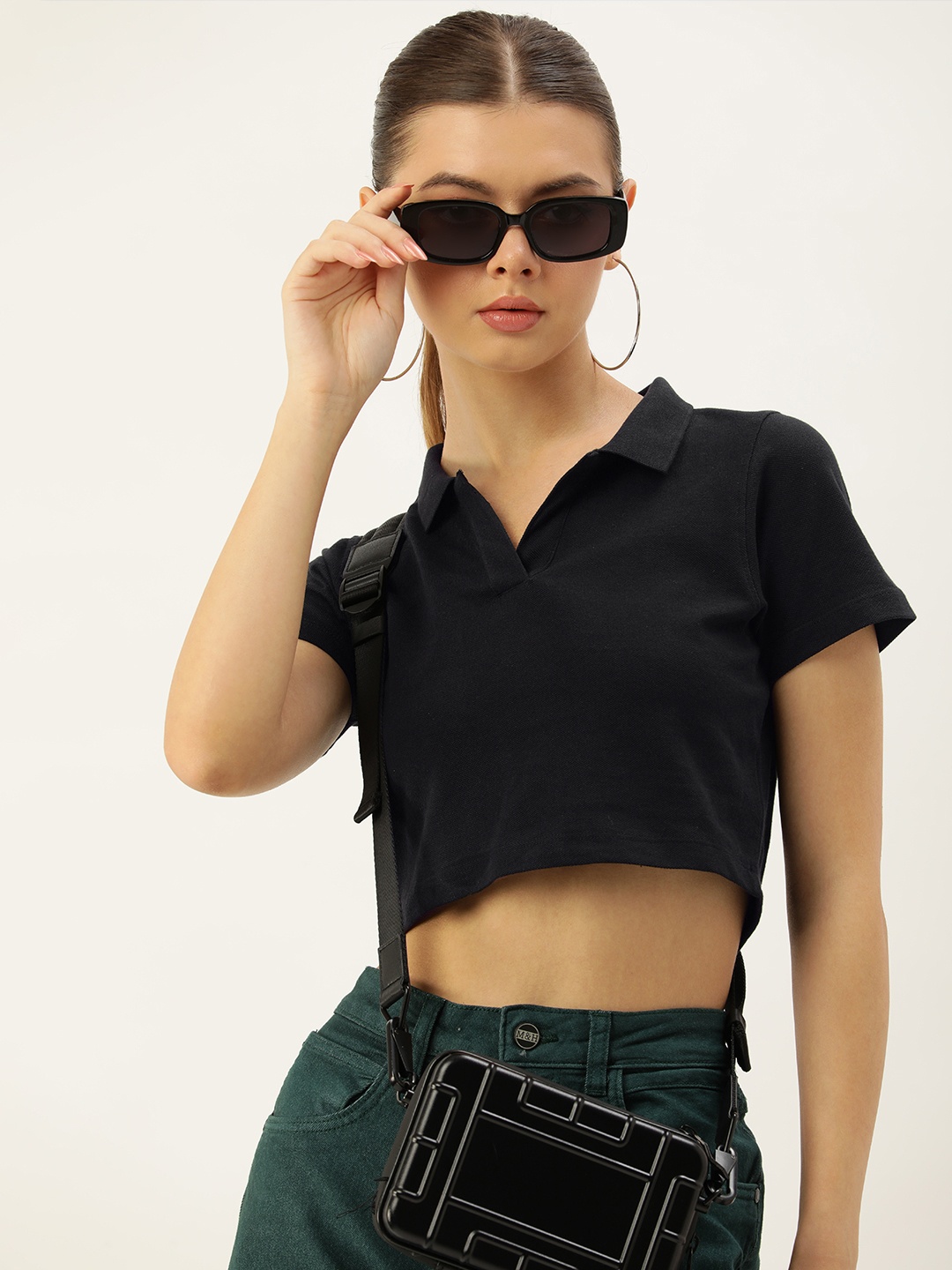 

Kook N Keech Pure Cotton Solid Shirt Collar Fitted Crop Top, Black