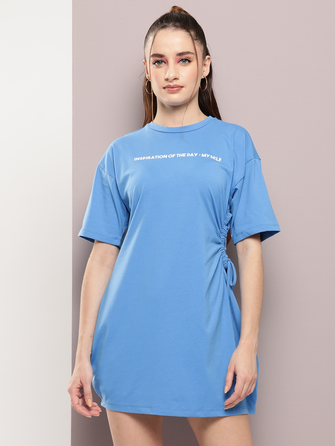 

Kook N Keech Typography Print Drop-Shoulder Sleeves T-shirt Mini Dress, Blue