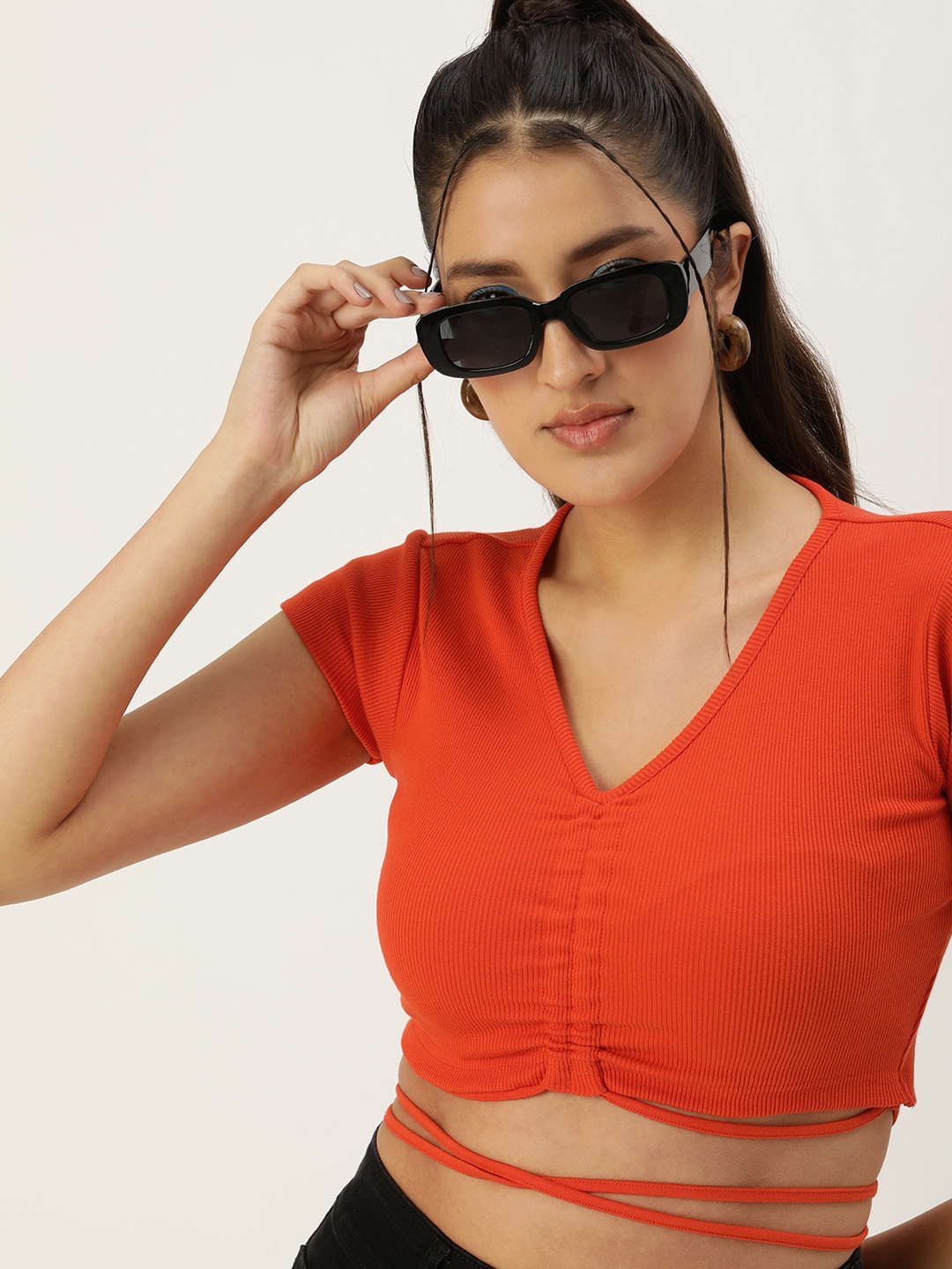 

Kook N Keech V-Neck Ribbed Crop Top With Waist Tie-Up Detail, Orange