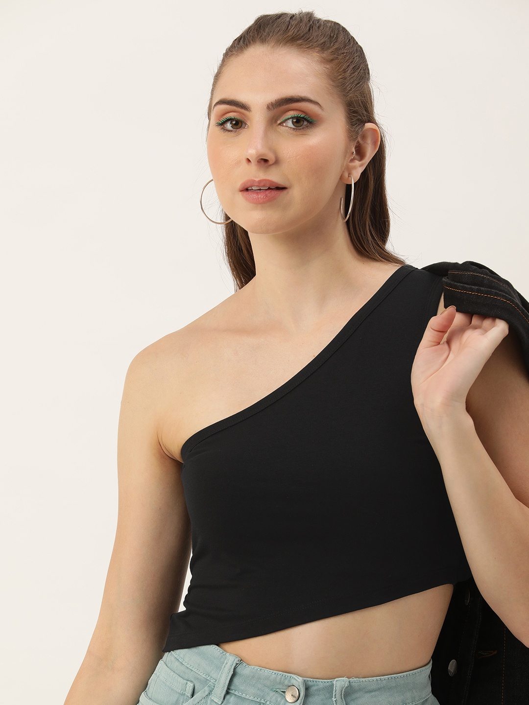 

Kook N Keech Solid One Shoulder Fitted Crop Top, Black