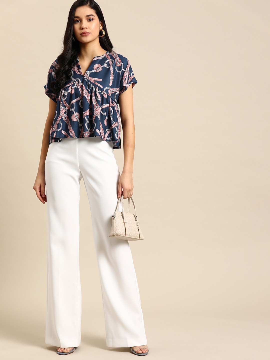 

all about you Abstract Print Extended Sleeves Empire Top, Navy blue