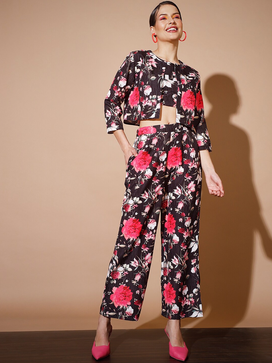 

Myshka Printed top & Palazzo With Jacket, Black