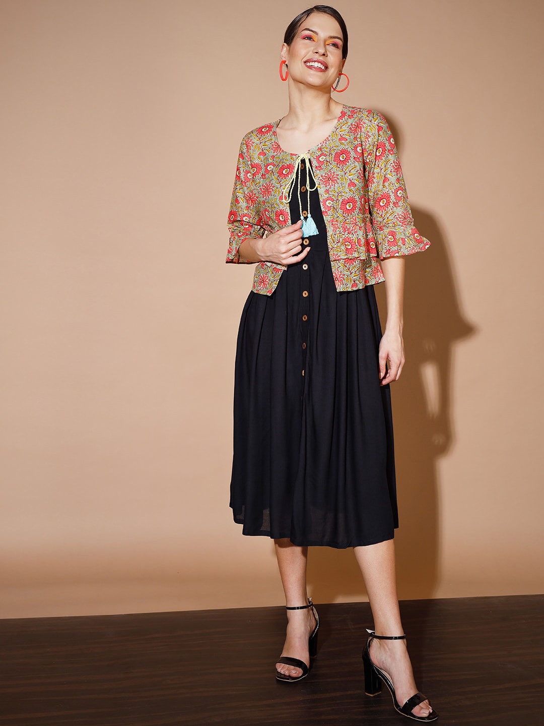 

Myshka Floral A-Line Midi Dress With Jacket, Green