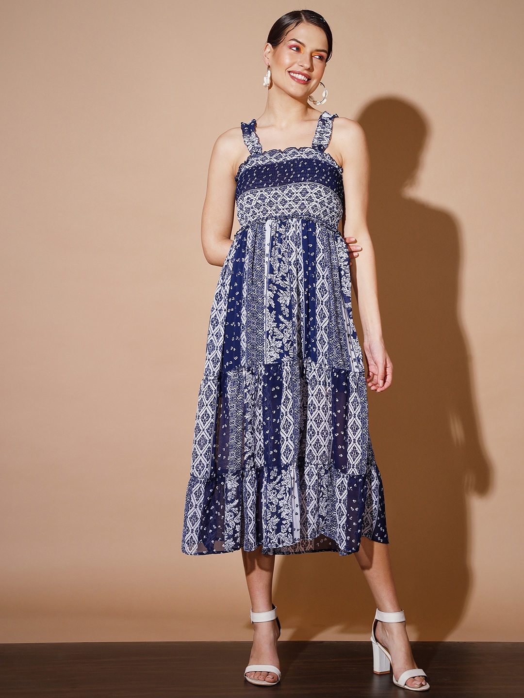 

Myshka Blue Ethnic Motifs Print Georgette Empire Midi Dress
