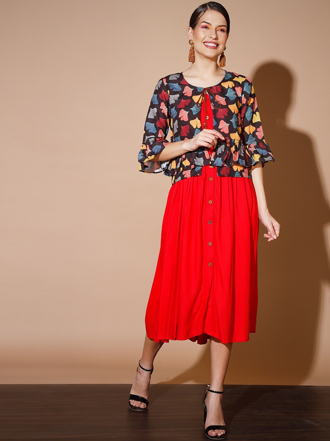 

Myshka Floral Printed Tie Up Neck A-Line Midi Dress, Red