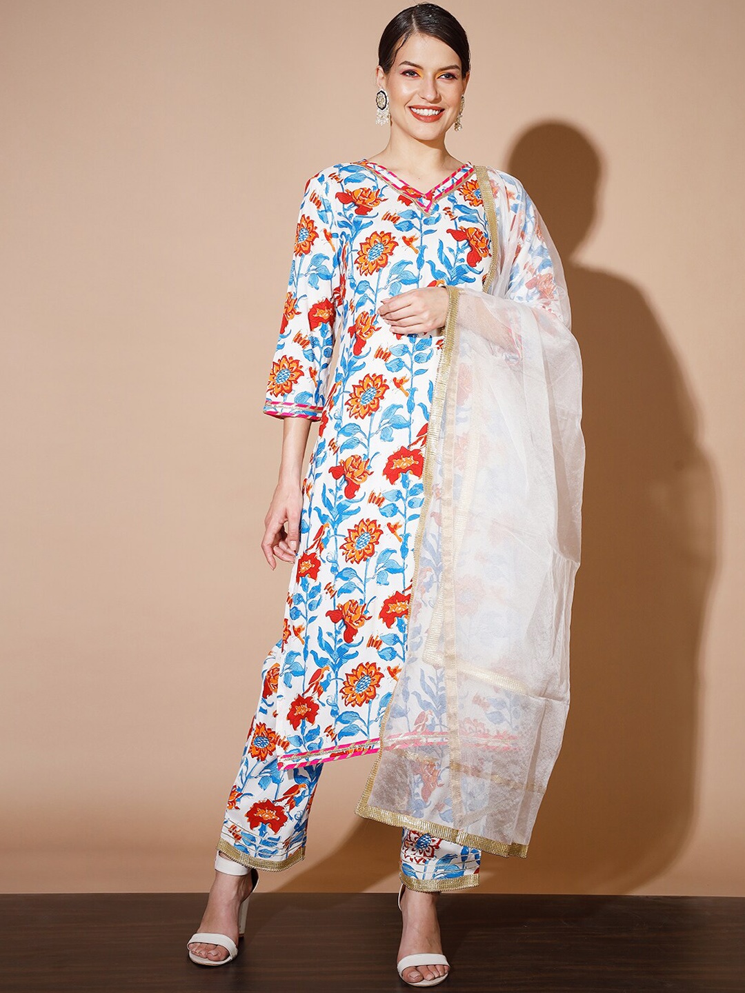 

Myshka Floral Printed Regular Gotta Patti Kurta With Trousers & With Dupatta, White