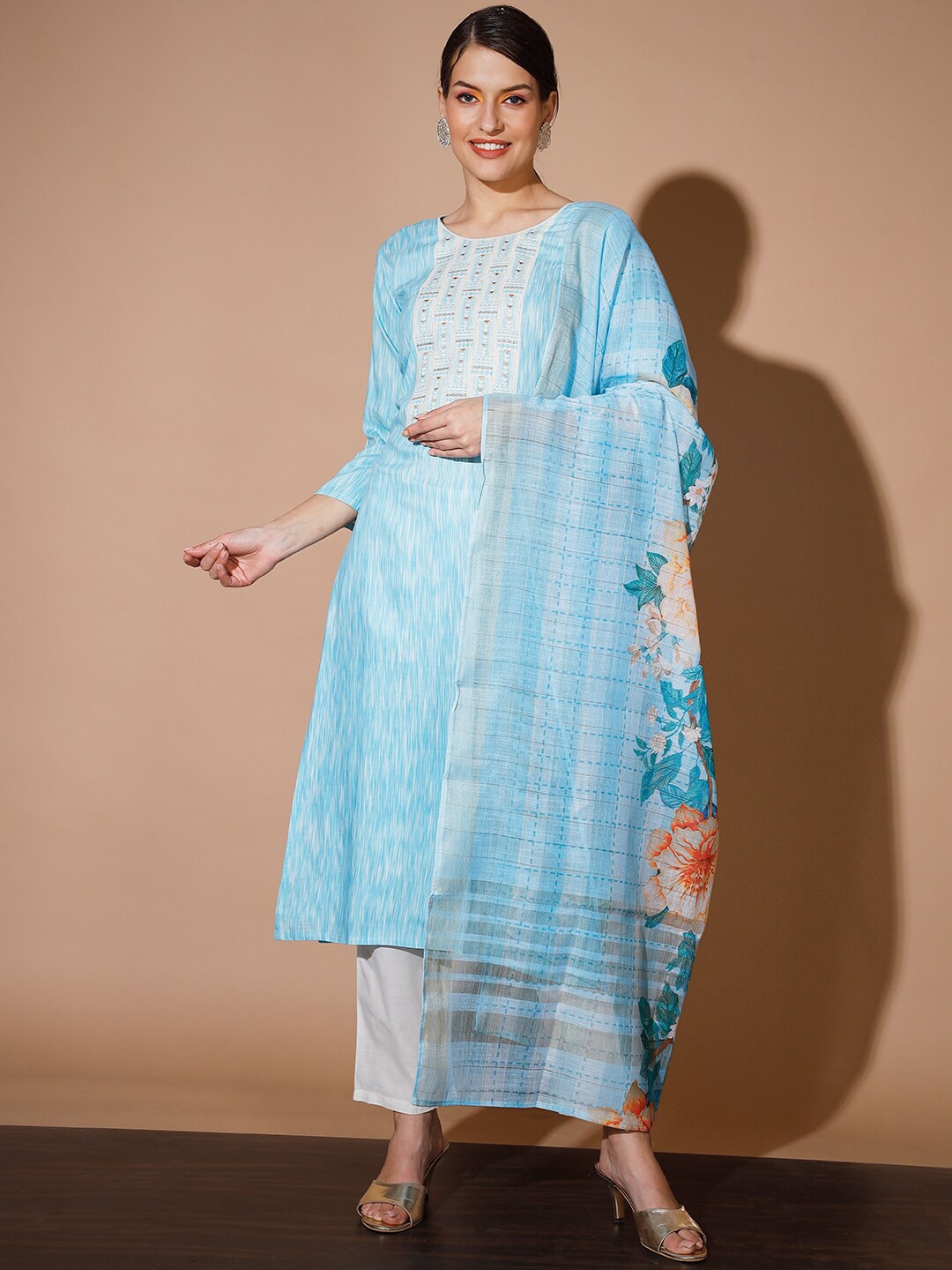 

Myshka Floral Embroidered Regular Pure Cotton Kurta With Trousers & With Dupatta, Blue