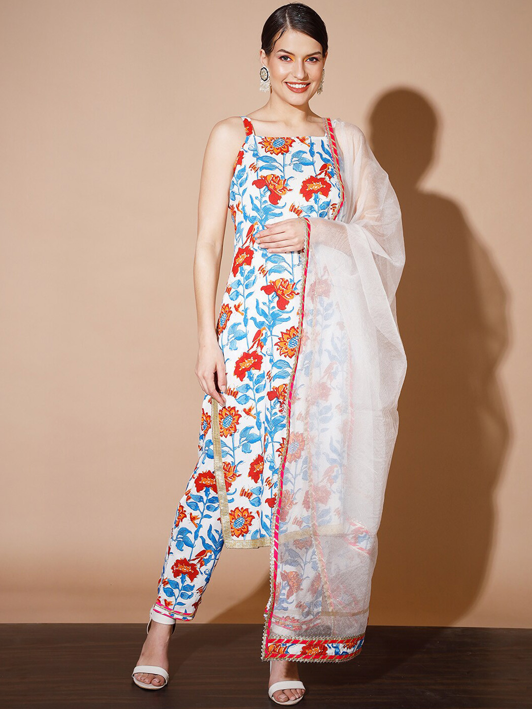 

Myshka Floral Printed Regular Gotta Patti Kurta with Trousers & With Dupatta, White