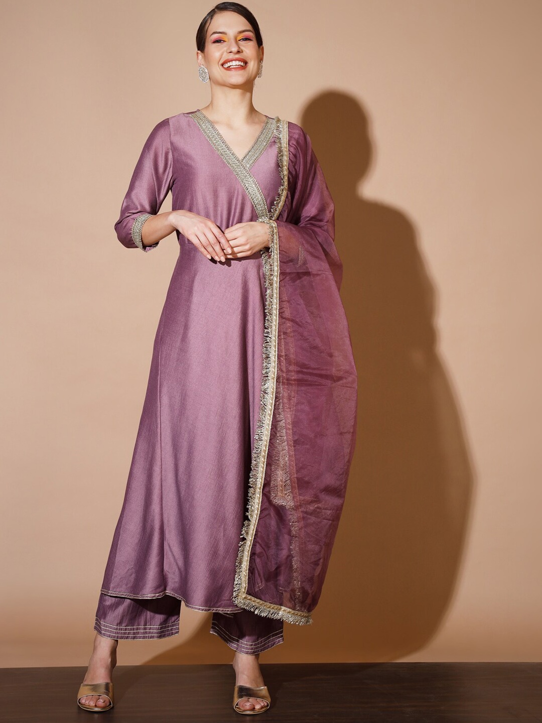 

Myshka Angrakha Gotta Patti Kurta with Palazzos & Dupatta, Purple