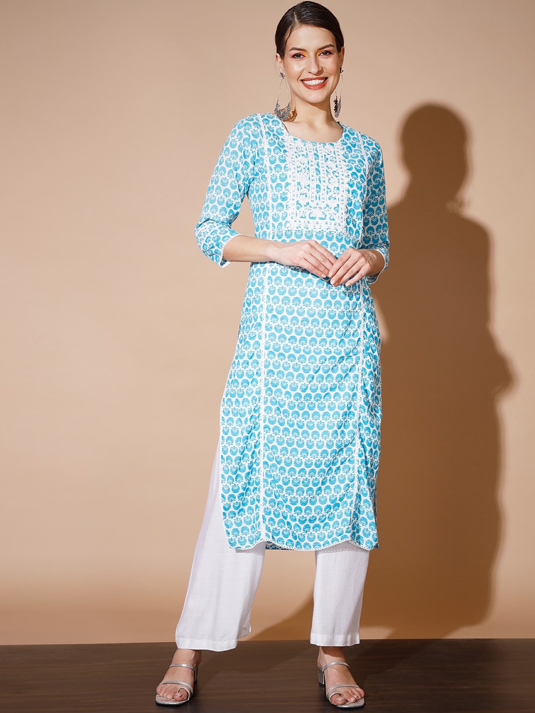 

Myshka Ethnic Motifs Printed Sequinned Cotton Kurta, Blue