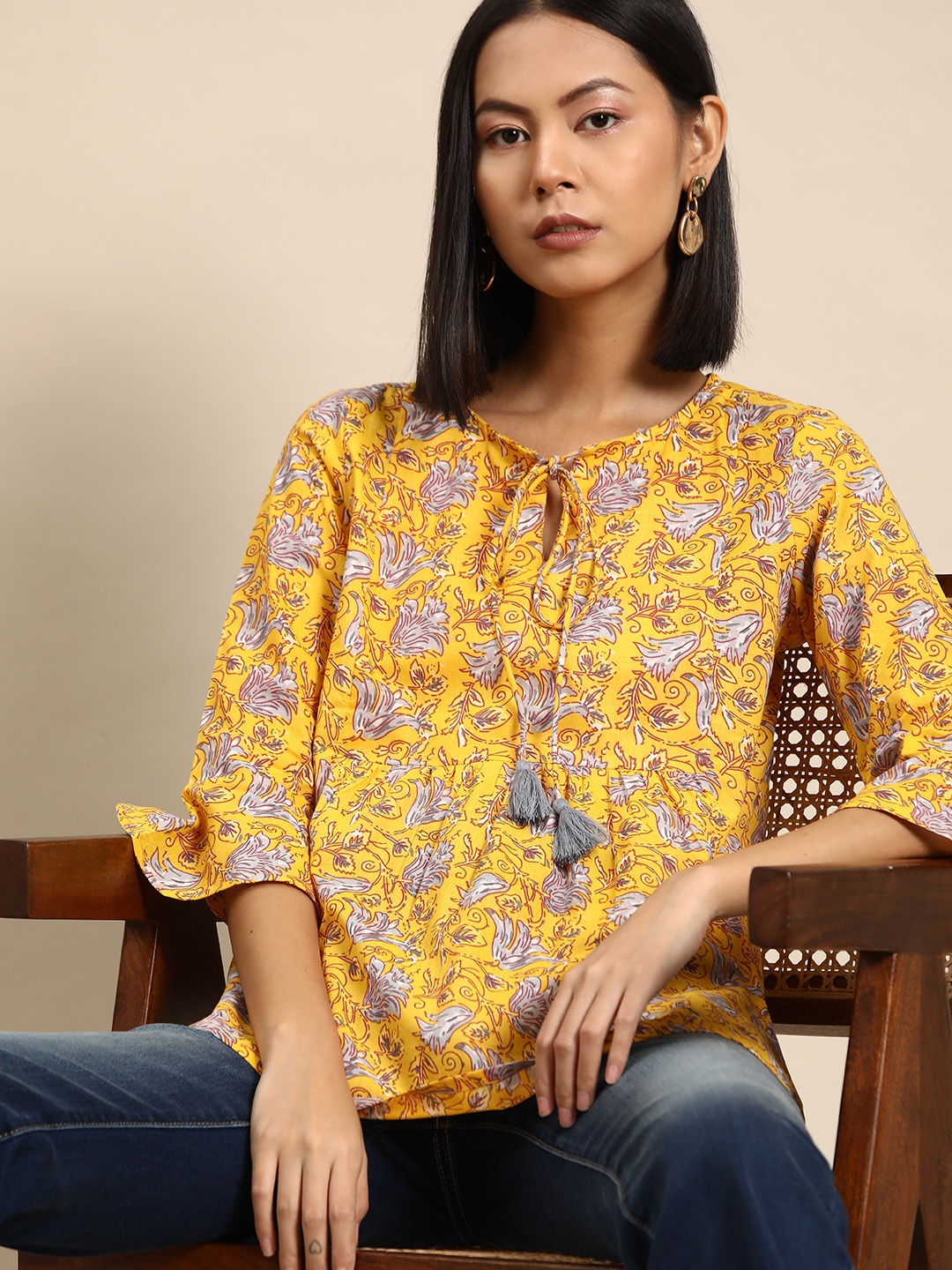 

all about you Floral Print Bell Sleeve Cotton Top, Mustard