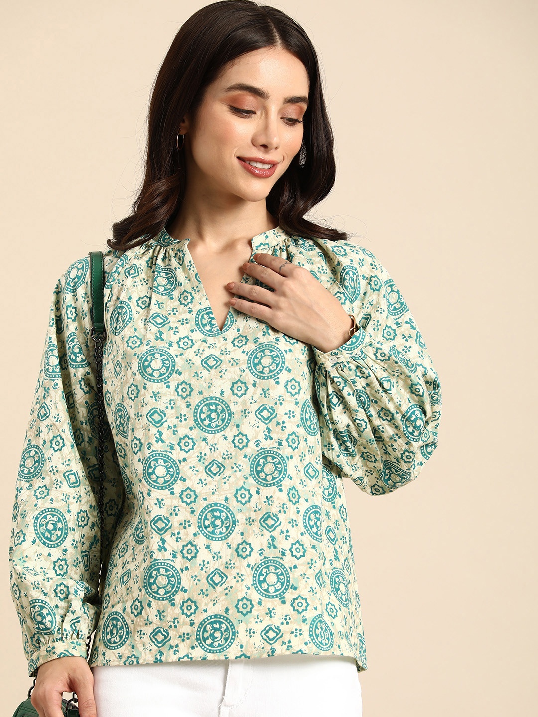 

all about you Pure Cotton Printed Puff Sleeve Ethnic Cotton Top, Green