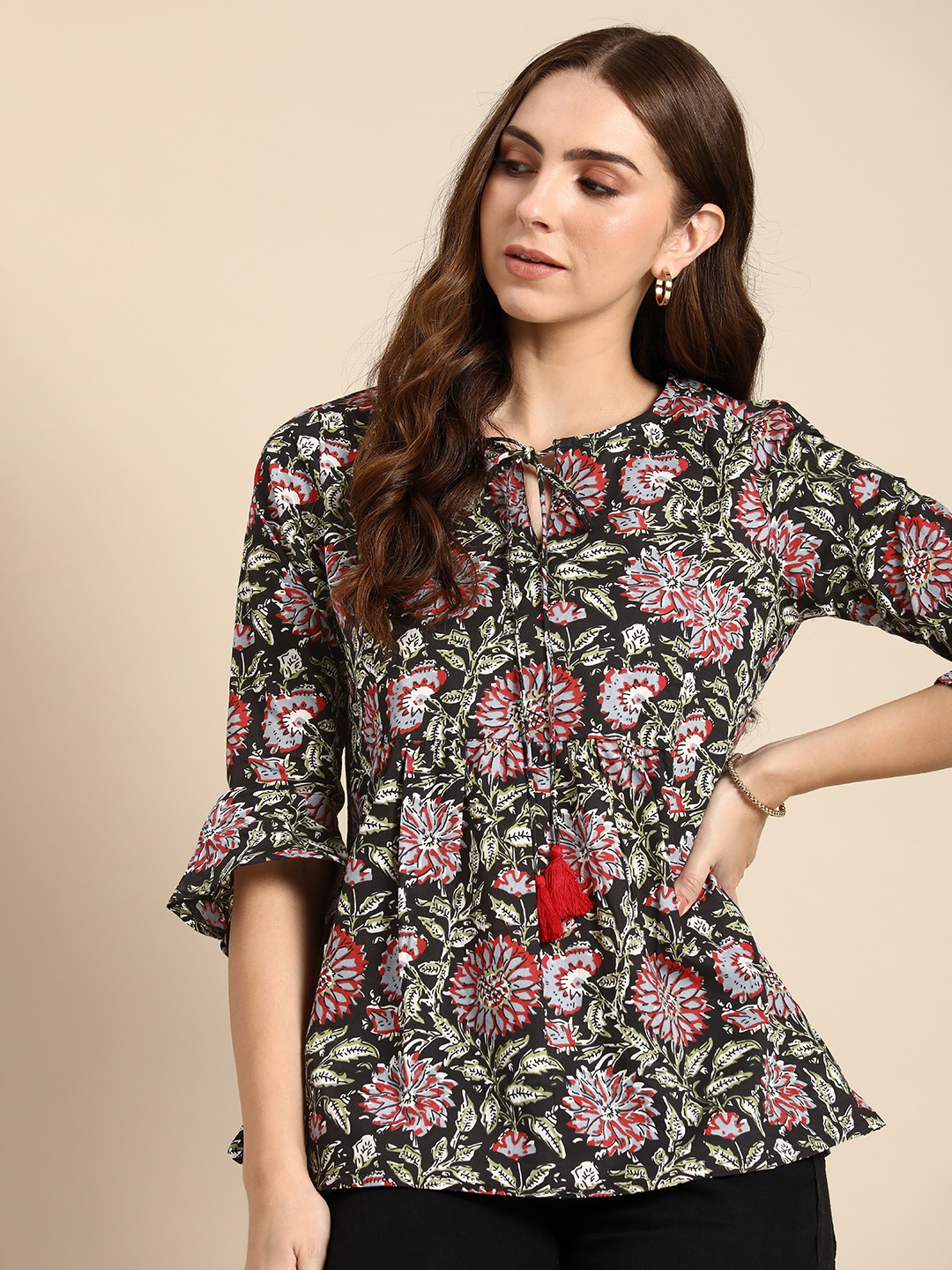 

all about you Pure Cotton Floral Print Tie-Up Neck Bell Sleeve Top, Black