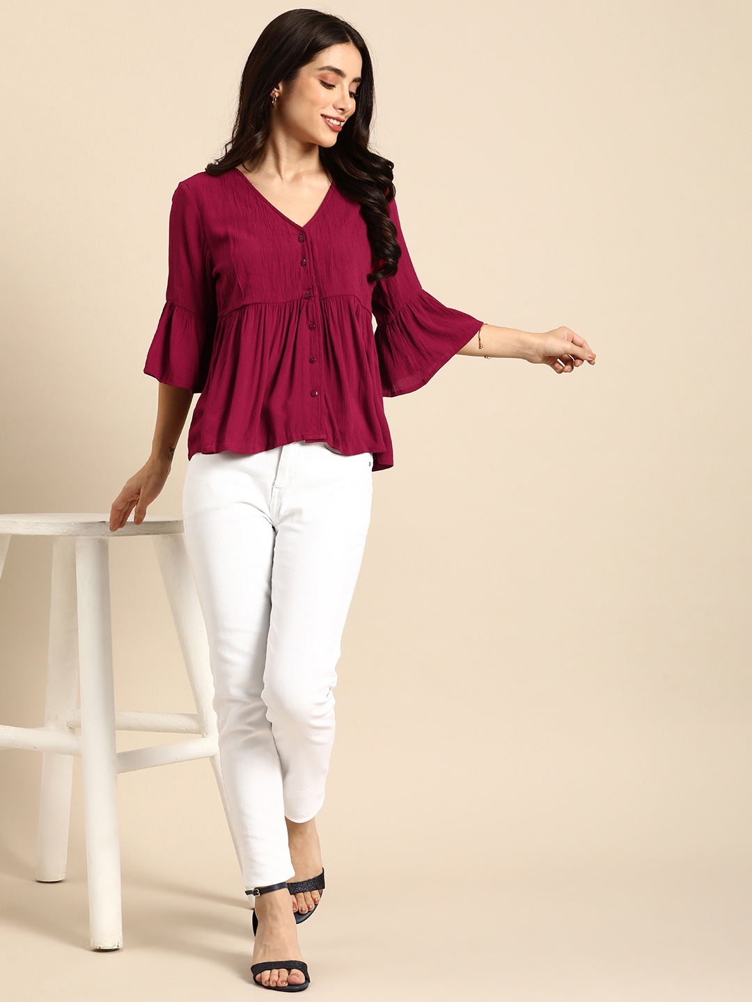 

all about you Solid Bell Sleeve V-Neck A-Line Top, Magenta