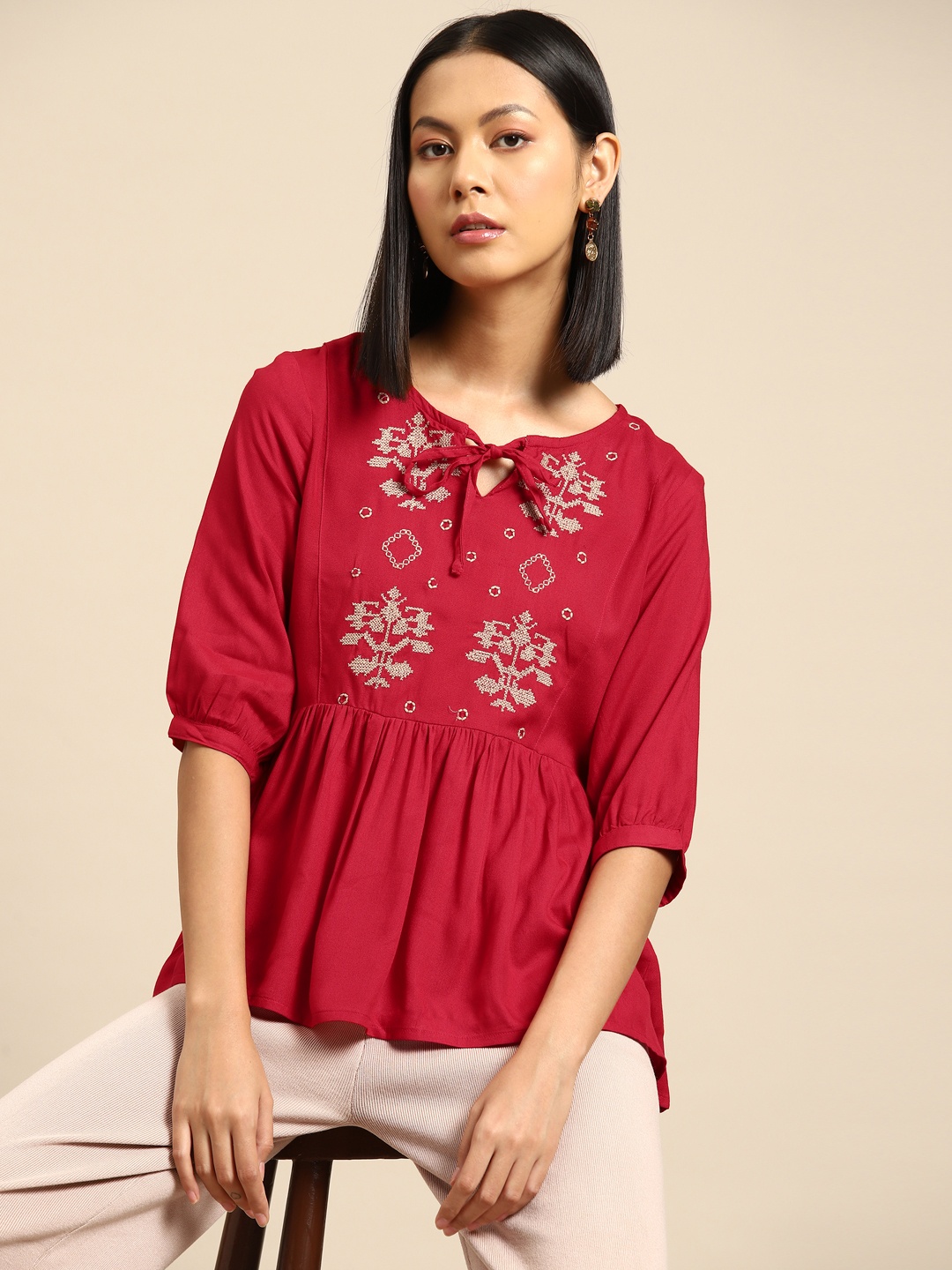 

all about you Embroidered Tie-Up Neck Top, Red