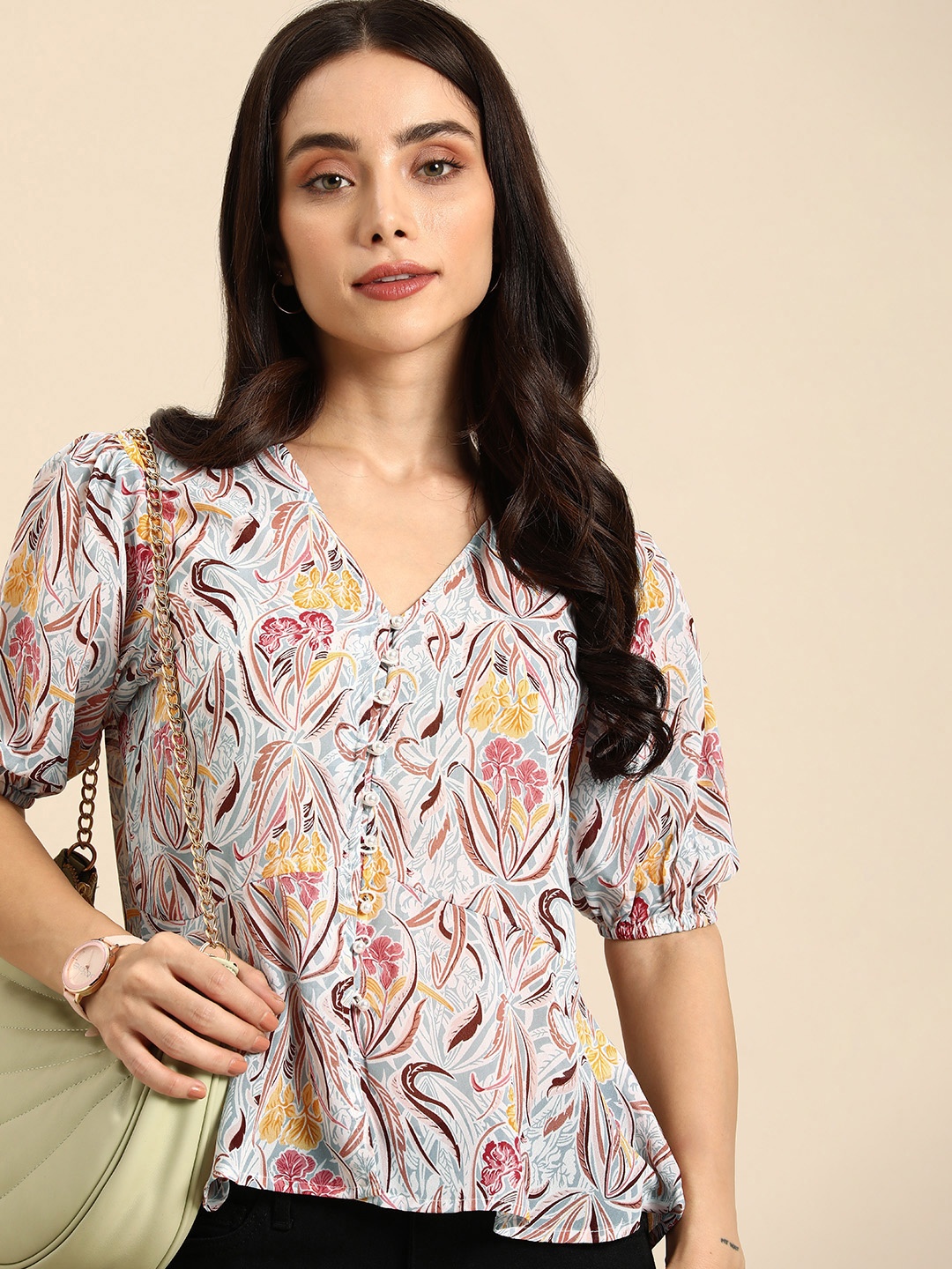 

all about you Floral Printed Puff Sleeve Georgette Top, Grey