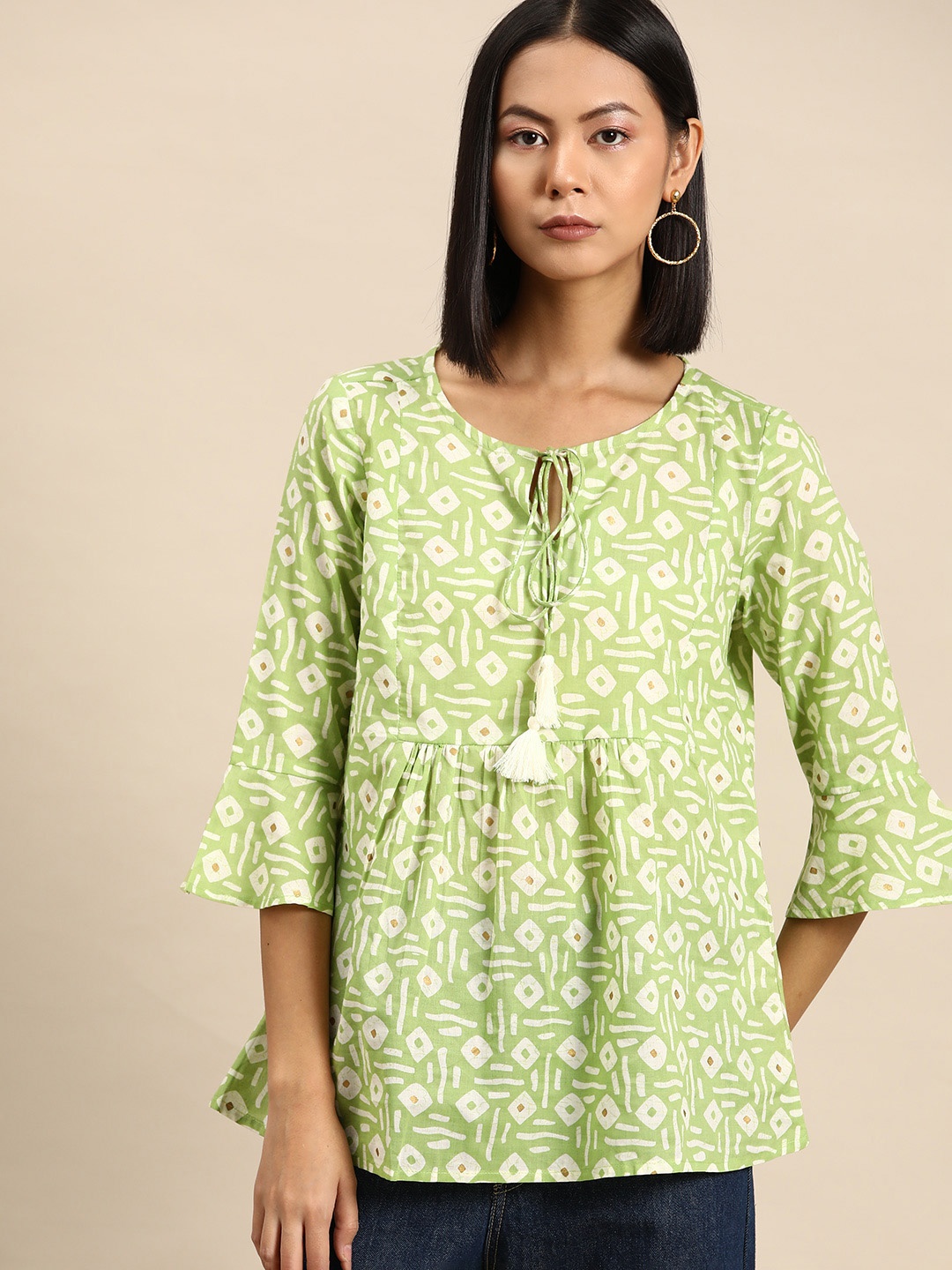 

all about you Floral Print Bell Sleeve Cotton Top, Green