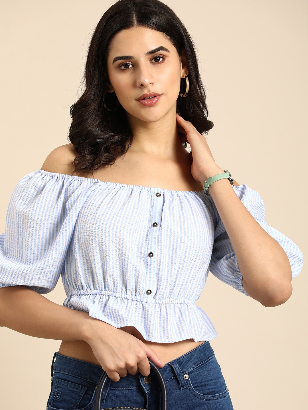 

all about you Striped Off-Shoulder Puff Sleeve Peplum Top, Blue