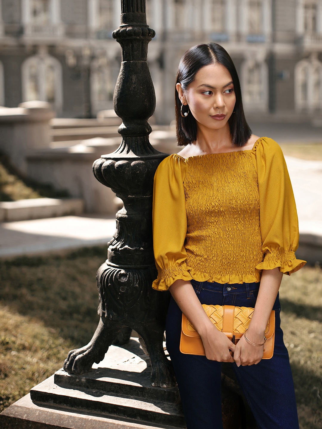 

all about you Bell Sleeve Smocked Fitted Top, Mustard