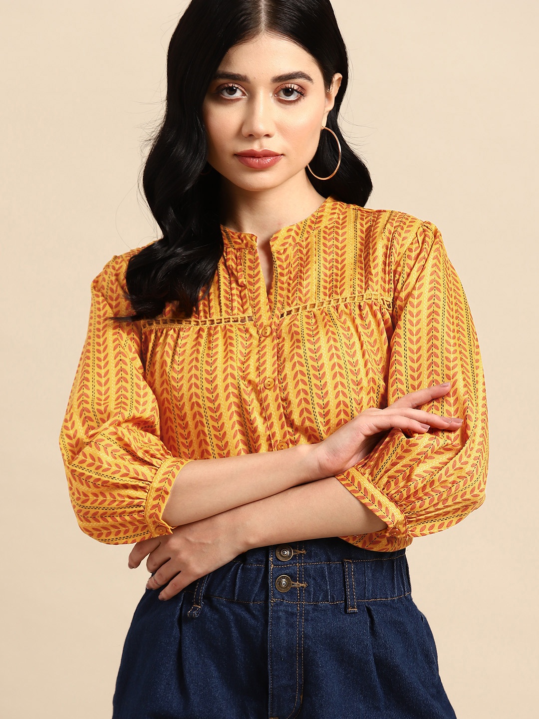 

all about you Ethnic Printed Puff Sleeves Pleated Detail Top, Mustard