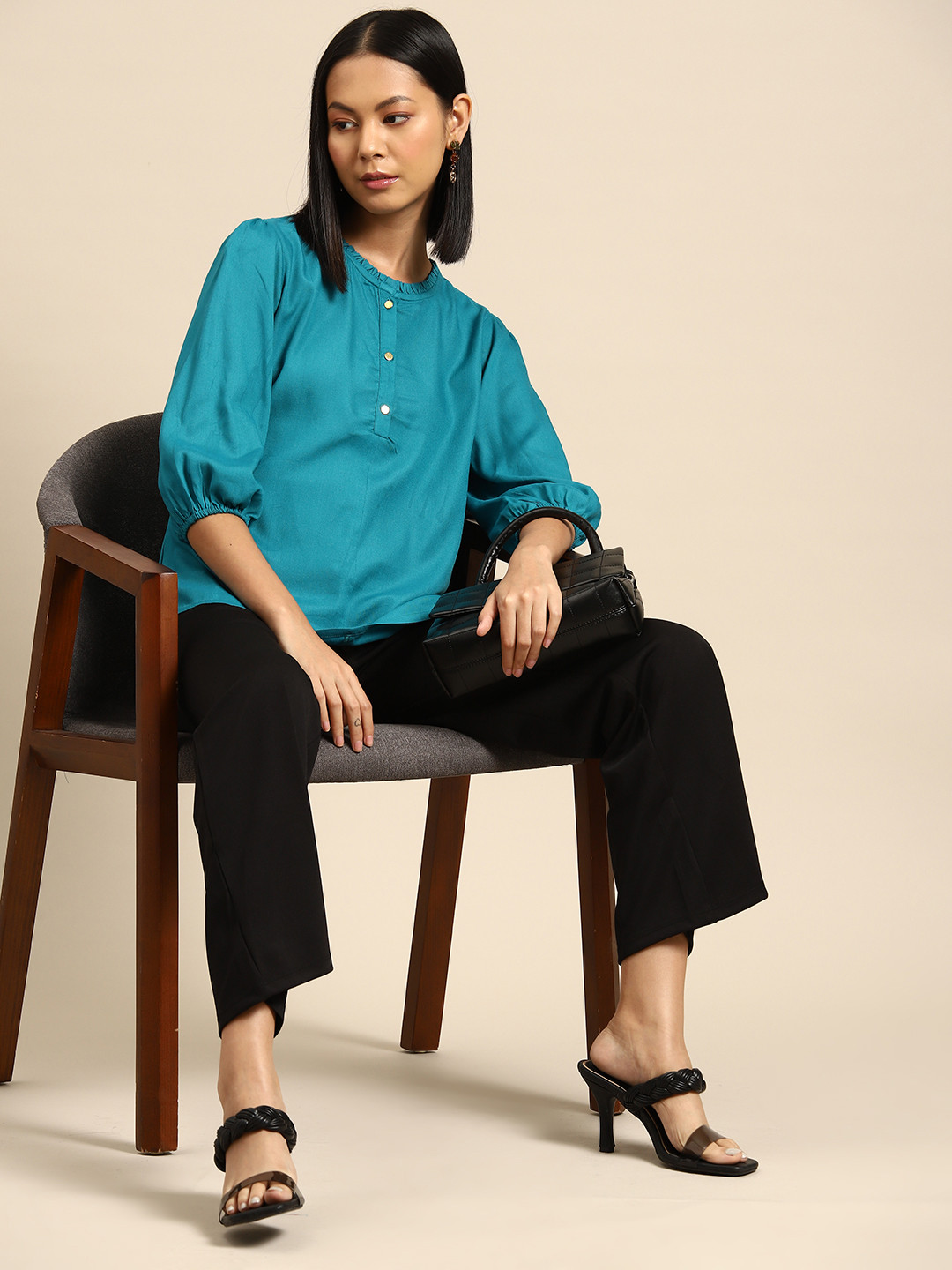 

all about you Half Button Placket Puff Sleeve Top, Turquoise blue