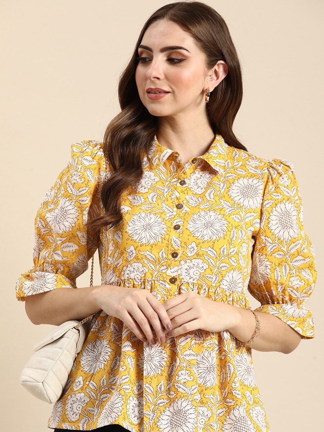 

all about you Floral Print Puff Sleeve Pure Cotton Top, Yellow
