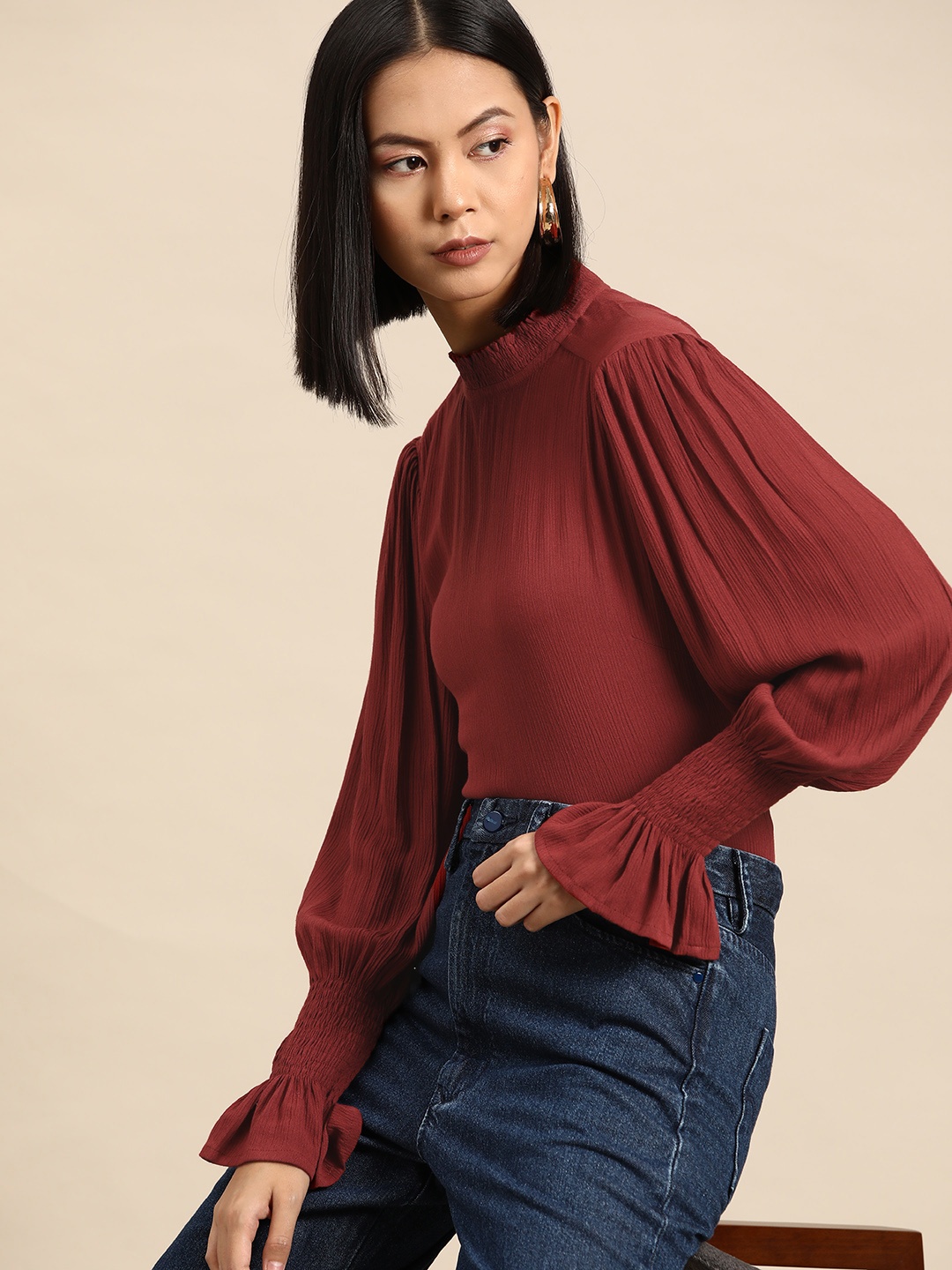 

all about you Solid Puff Sleeve Top, Maroon