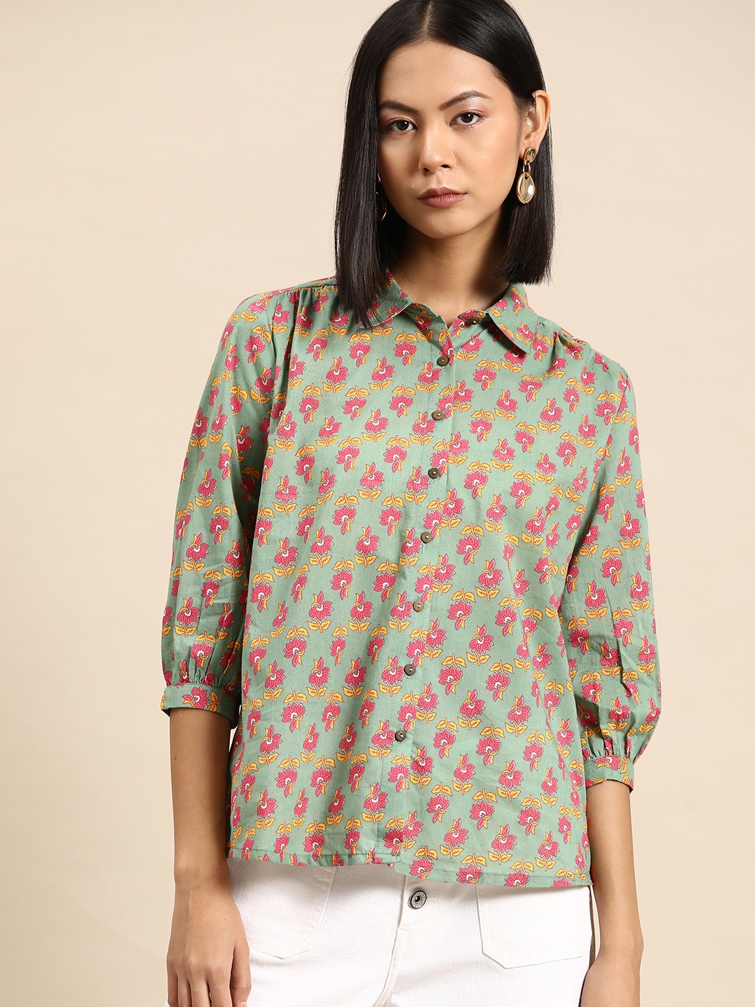 

all about you Floral Print Cotton Shirt Style Top, Green
