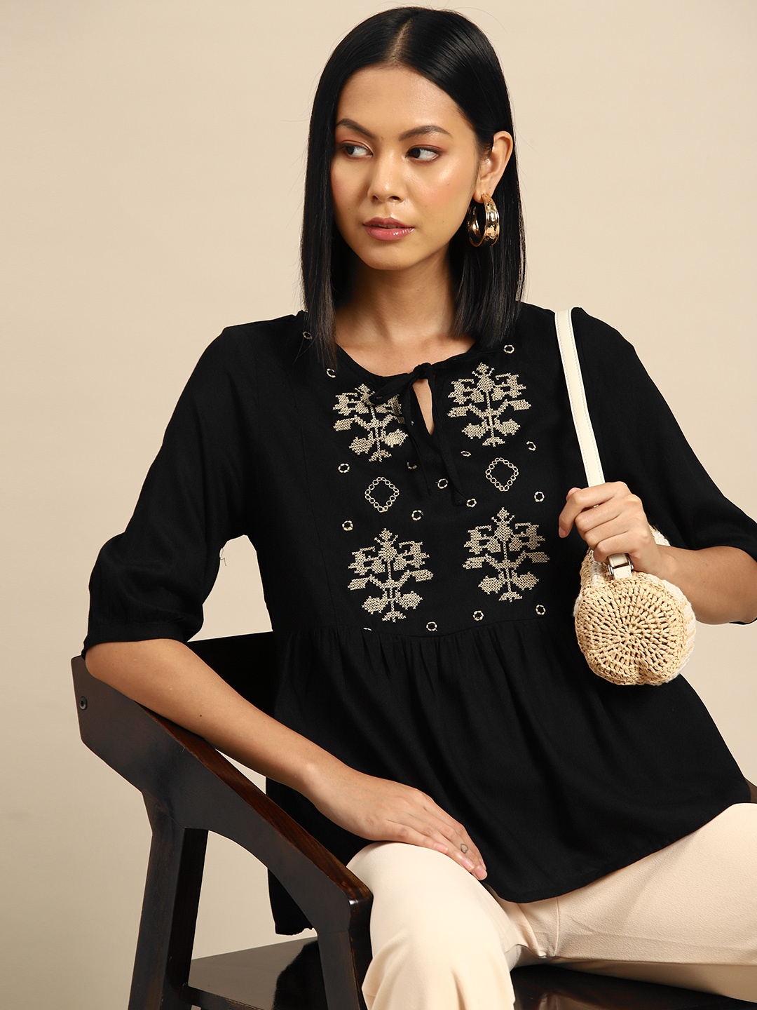 

Routes by All About You Embroidered Tie-Up Neck Top, Black
