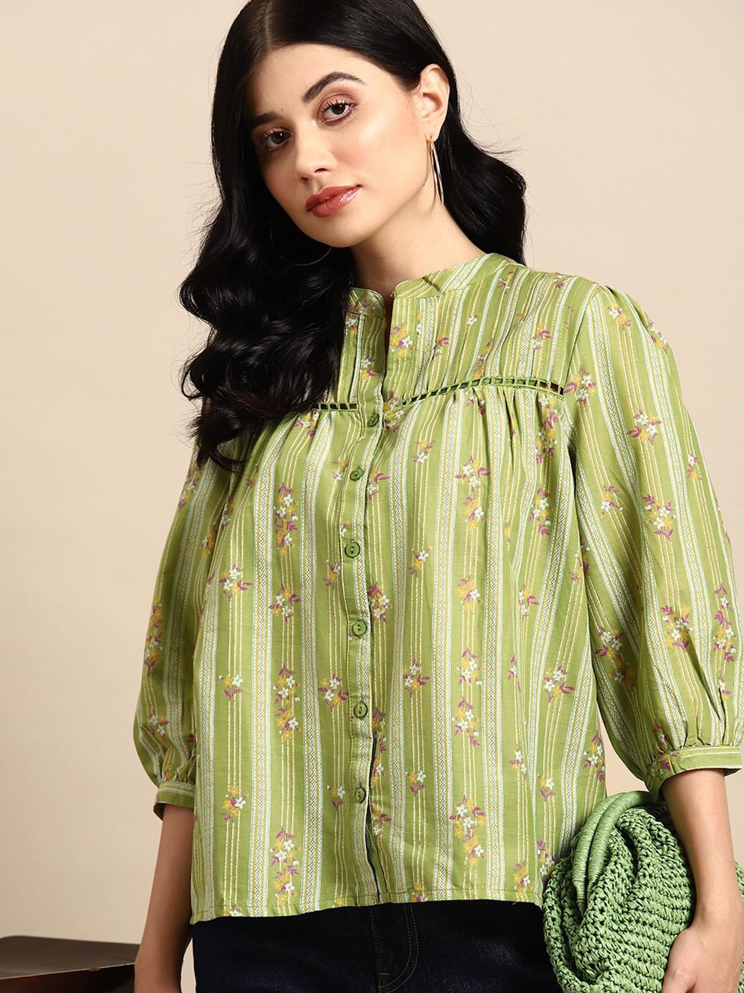 

all about you Ethnic Printed Puff Sleeves Pleated Detail Top, Green