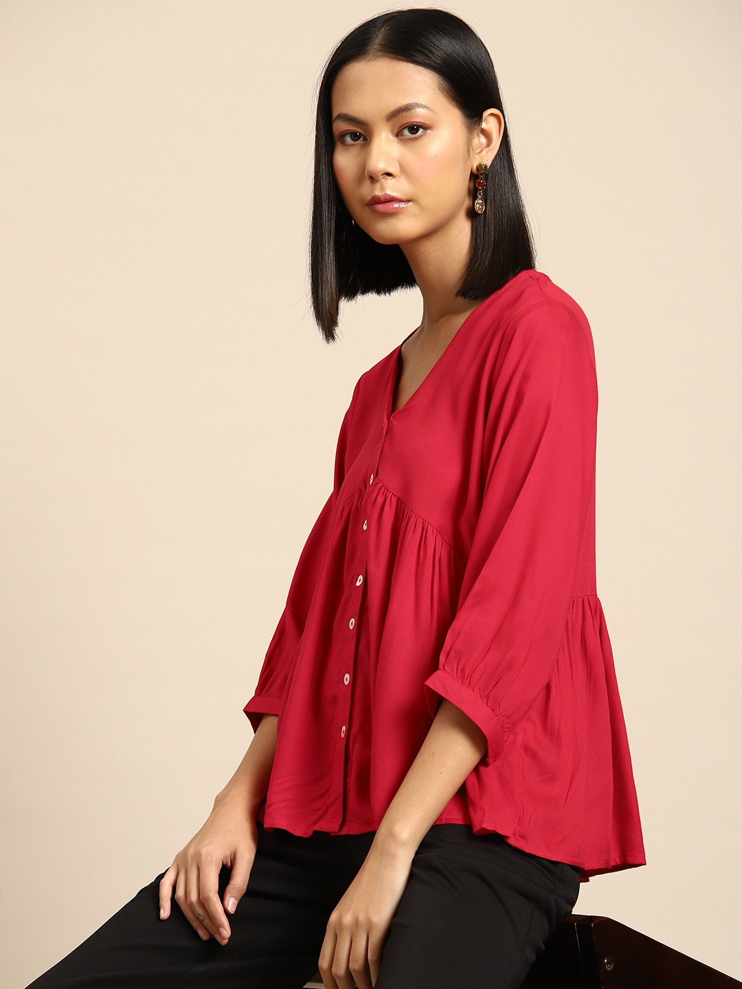 

all about you V-Neck Puff Sleeve Empire Top, Red