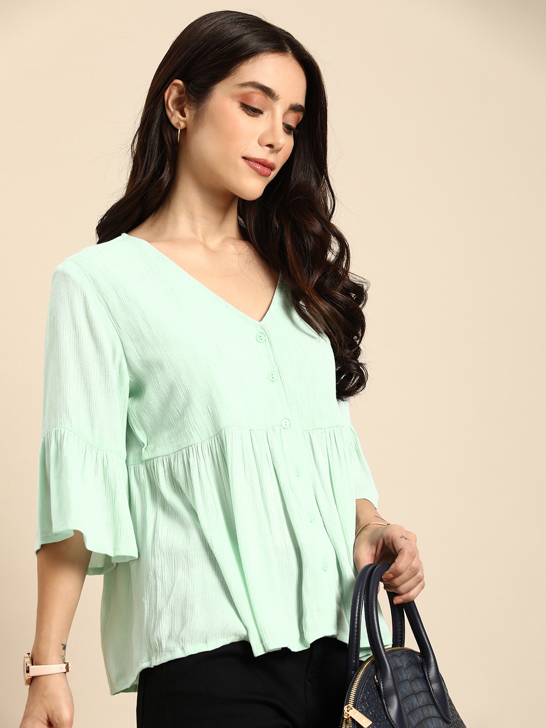 

all about you Solid Bell Sleeve V-Neck A-Line Top, Sea green