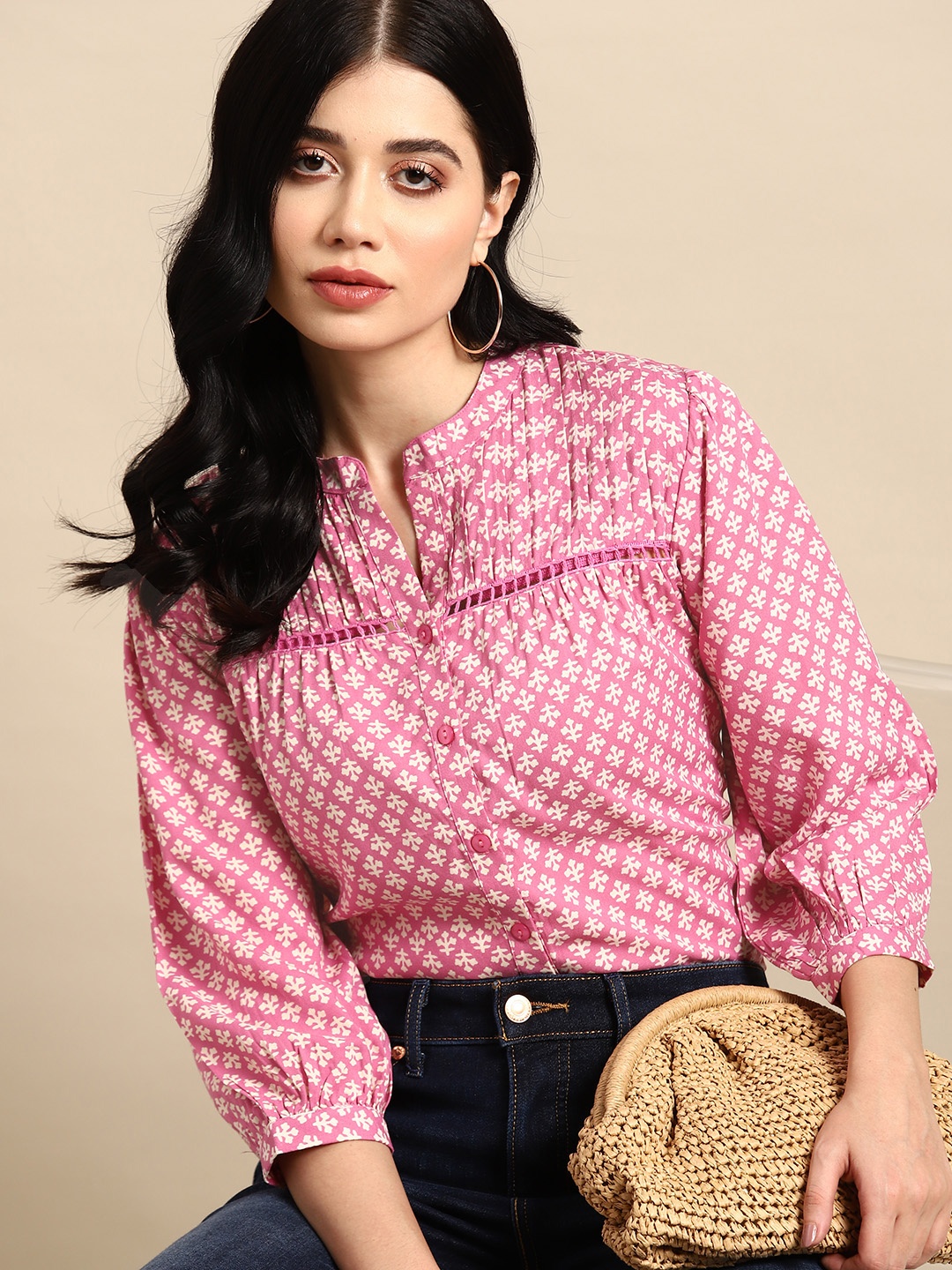 

all about you Ethnic Printed Puff Sleeves Pleated Detail Top, Pink